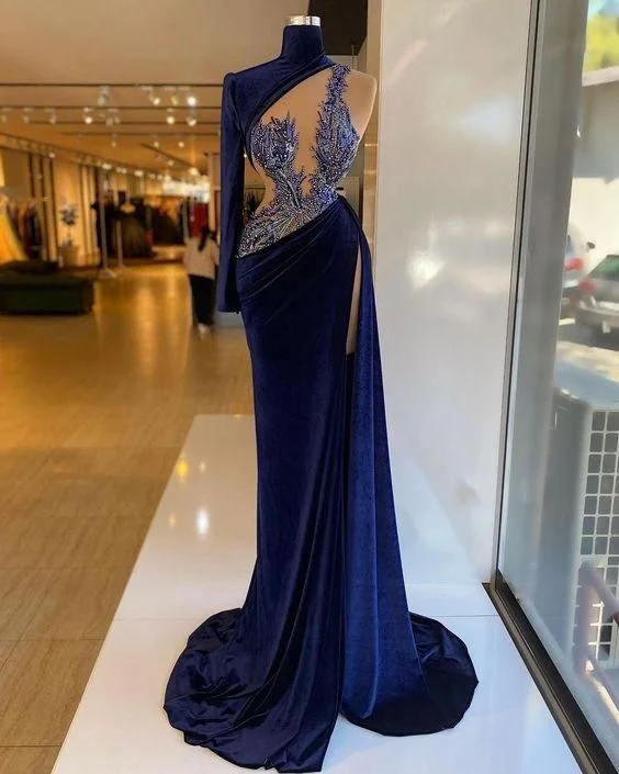 evening dressHigh Neck Velvet Prom Dress, Unique prom dress,DS5130