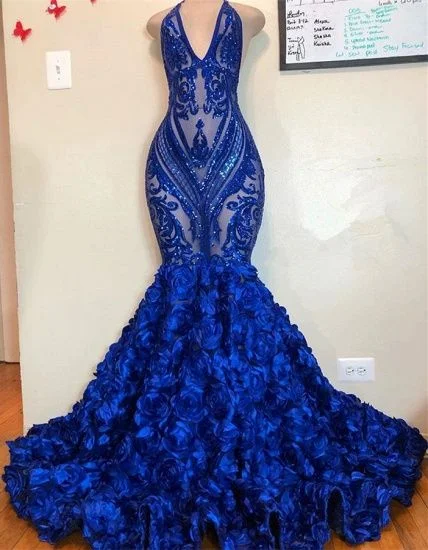 chic slip dressRoyal Blue V-Neck Sleeveless Prom Dress Mermaid Bottom Flowers,DS5019