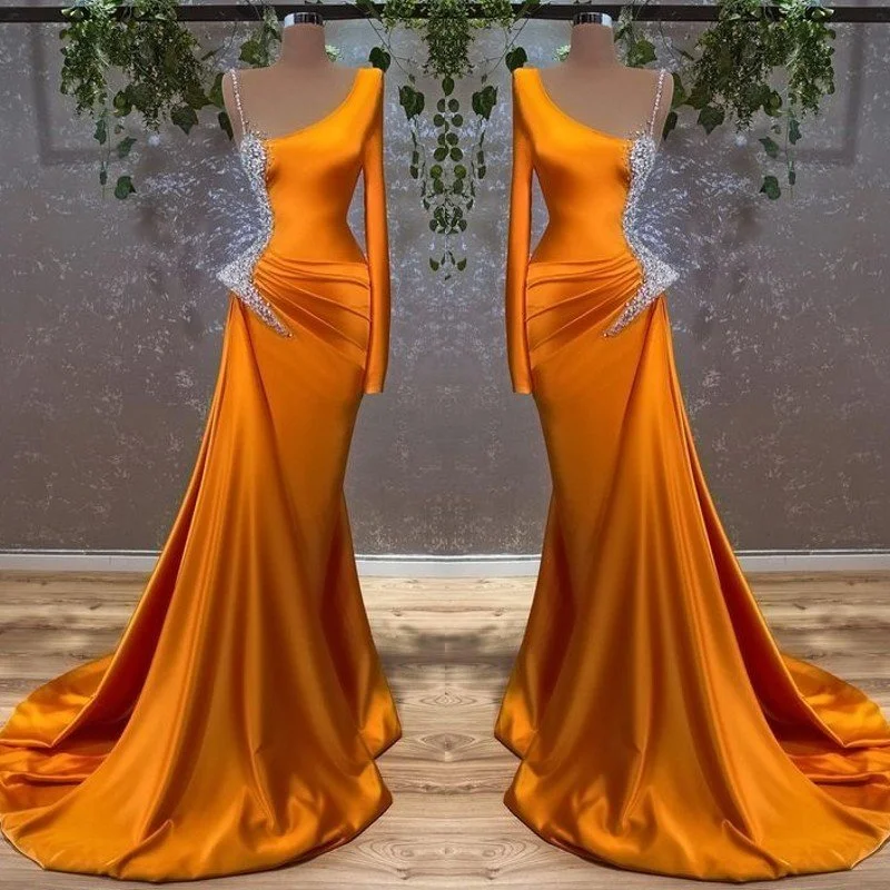 Discount Deals Modern Burnt Orange Long Sleeves Mermaid Prom Dress With Beads,F04770