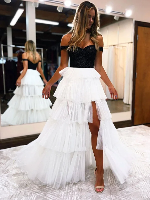 New Arrival WHITE A LINE TULLE OFF SHOULDER LONG PROM DRESS, WHITE TULLE FORMAL DRESS,DS4588