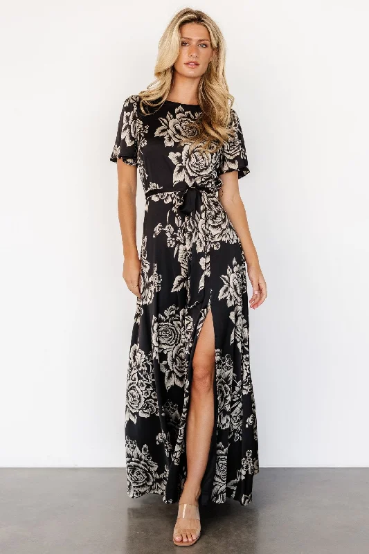 flowy maxi dressAgnes Satin Maxi Dress | Black + Cream Floral