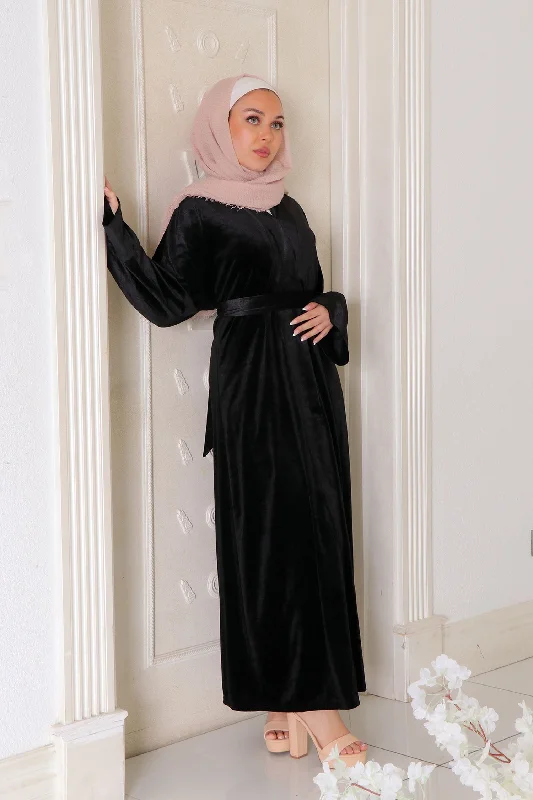 long-sleeve floral dressMariah Velvet Open Abaya- Black