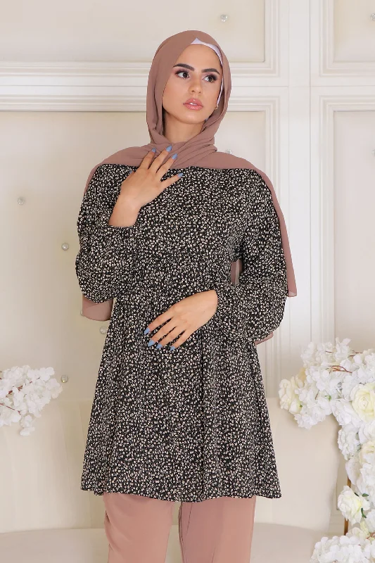 Warehouse Sale kim Floral Smock Top- Black