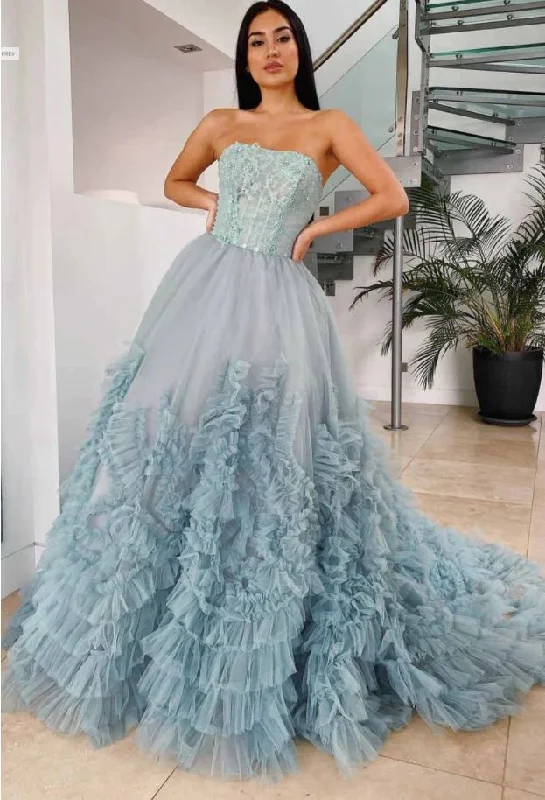 satin dressElegant Dusty Blue Strapless Ruffles Long Prom Dress,DP0153