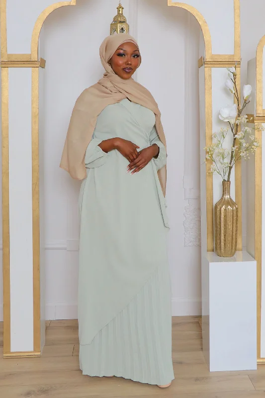 Bonus Savings Della Pleat Wrap Dress- Light Sage