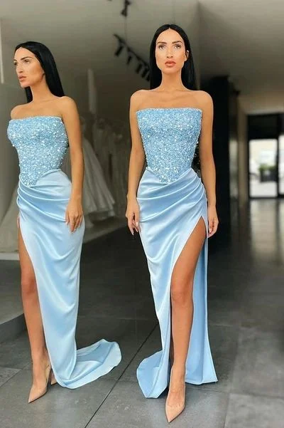 casual day dressTrendy Sky blue Strapless Sequin Top High split Prom Dress,DS4226