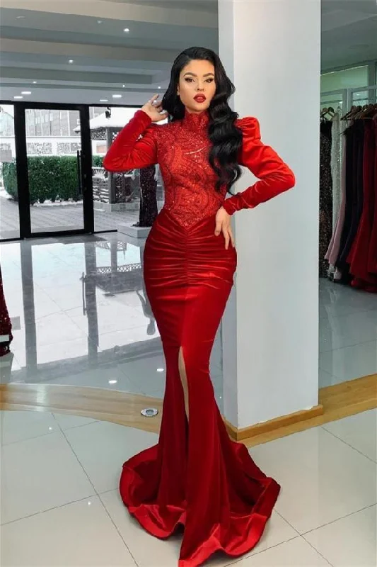 puff sleeve dressStunning Red Velvet High Neck Mermaid Prom Dress Long Sleeves,F04824