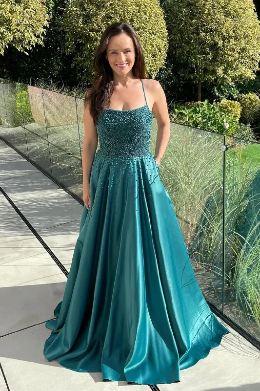 casual dressGreen A-line Beaded Lace-Up Back Satin Long Prom Dress,DP023