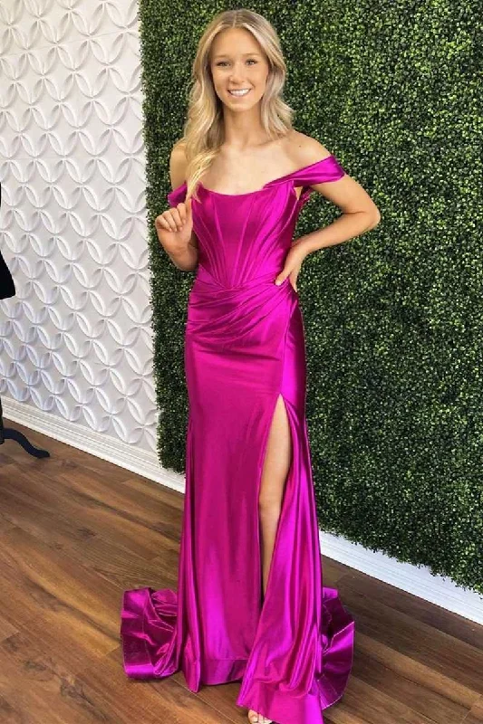 elegant dressMagenta Satin Off-the-Shoulder Mermaid Long Formal Dress with Slit,DP050