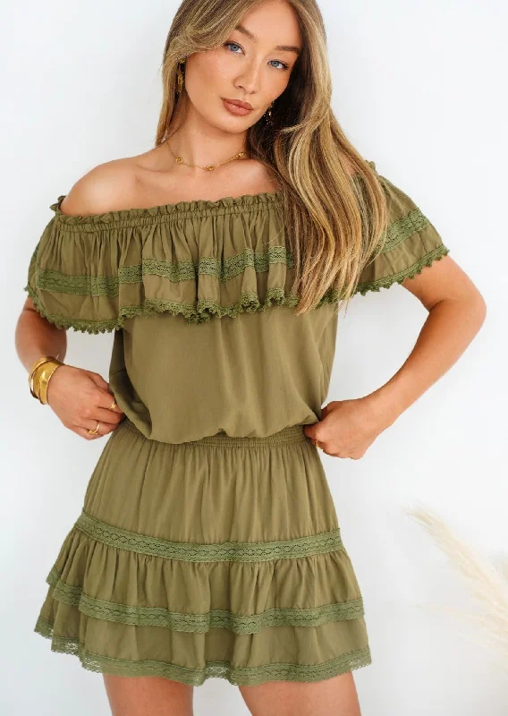 comfy maxi dressOlive Off Shoulder Ruffled Voile Mini Dress Lily