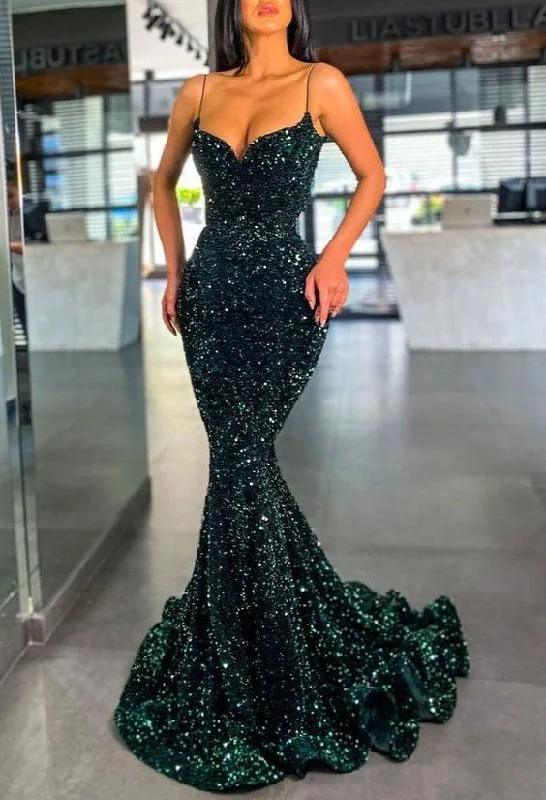 Super Deal Dark Green Sequins Prom Dress Mermaid Evening Gowns With Spaghetti-Straps,DS4222