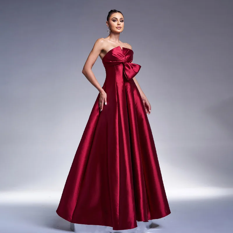 Instant Discount Red Elegant A-Line Long Evening Bow Dress
