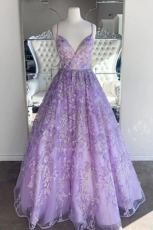 t-shirt dressGorgeous V Neck Thin Straps Purple Long Prom Dress Formal Ball Gown,DP0116