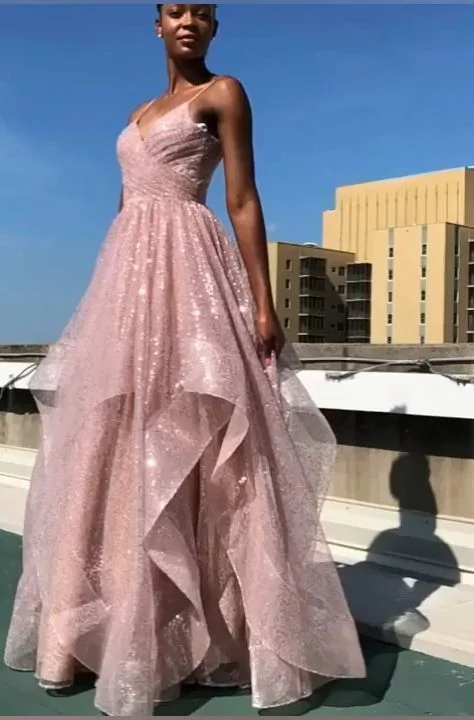 Year-End Clearance Ruffled rose gold long prom dress with pleated,DS4423