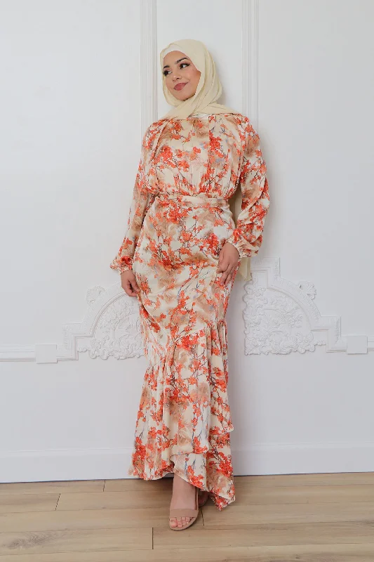 Huge Savings Thalia Satin Floral Chiffon Maxi Dress- Muted Peach