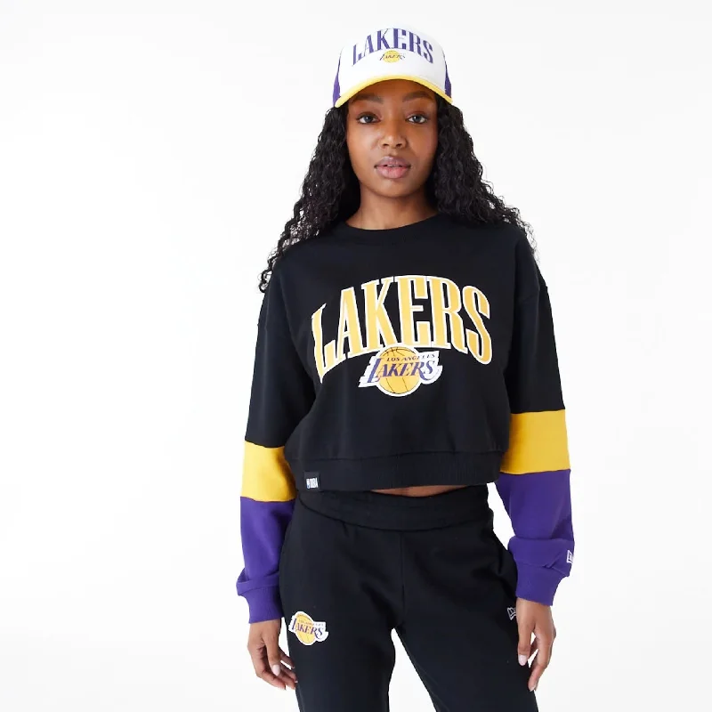 Bargain Prices LA Lakers Womens NBA Colour Block Black Crop Crew Neck Sweatshirt