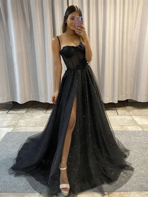 Deal of the Day BLACK SWEETHEART NECK TULLE LACE LONG PROM DRESS, BLACK EVENING DRESS,F04751