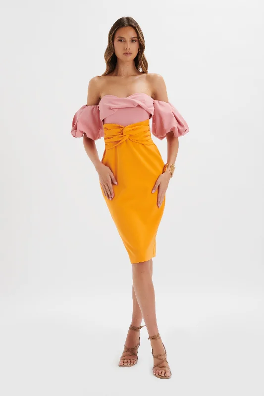 elegant shift dressELIZA Colour Block Twisted Midi Dress In Pink & Papaya