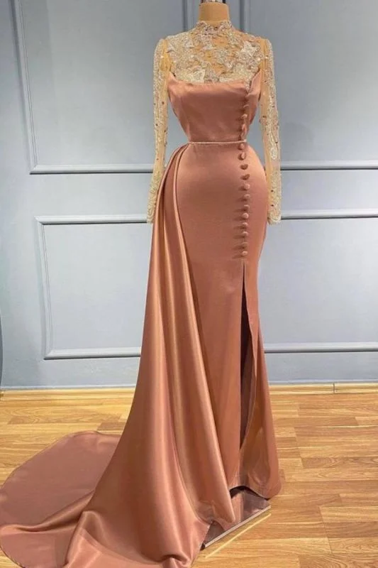 Can't Miss Charming Long sleeves High Neck Mermaid Prom Dress with Side Sweep Train Glitter Sequins Lace Appliques,DS3723