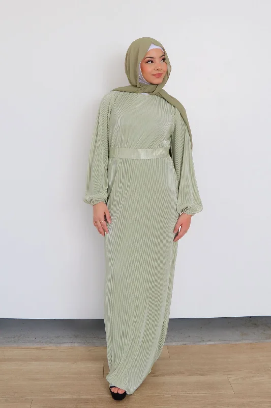 Discount Mania Alice Pleat Dress- Sage Green