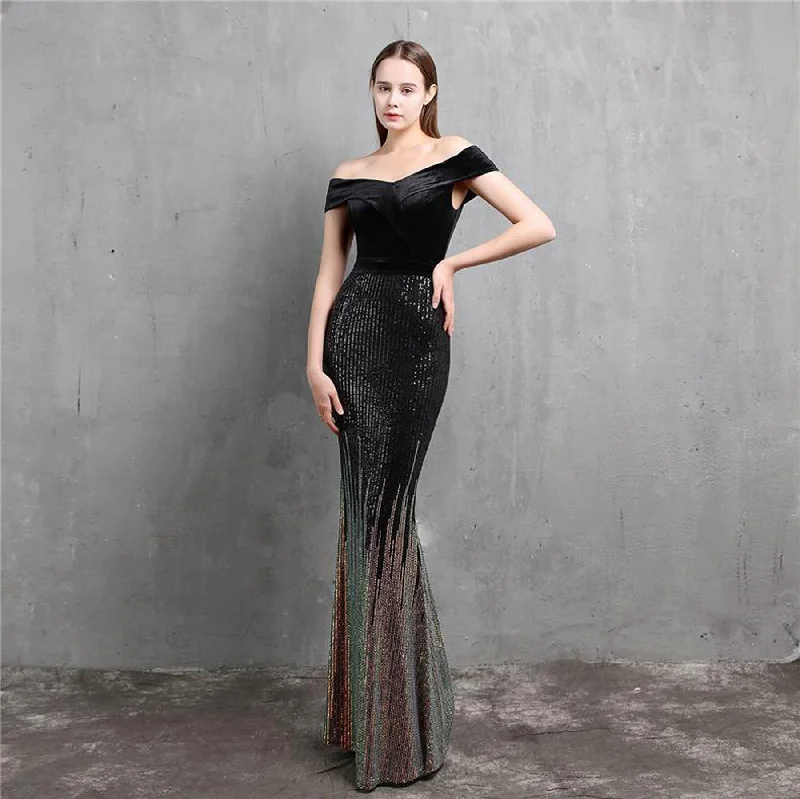 Special Price Boat Neck Velvet Contrast Mermaid Maxi Dress