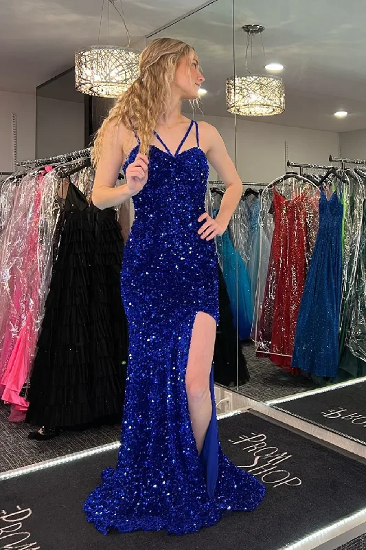 sleek midi dressRoyal Blue Mermaid Straps Sequins Long Prom Dress with Slit,DP019