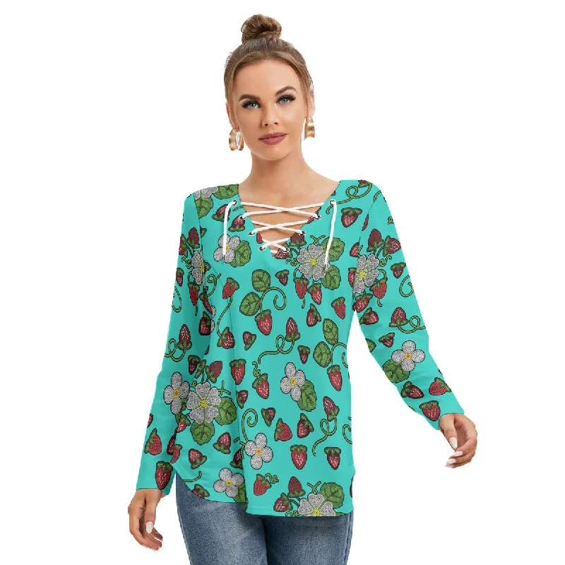 urban sports sweatshirtStrawberry Dreams Turquoise Women's Long Sleeve Neckline Tie Sweatshirt