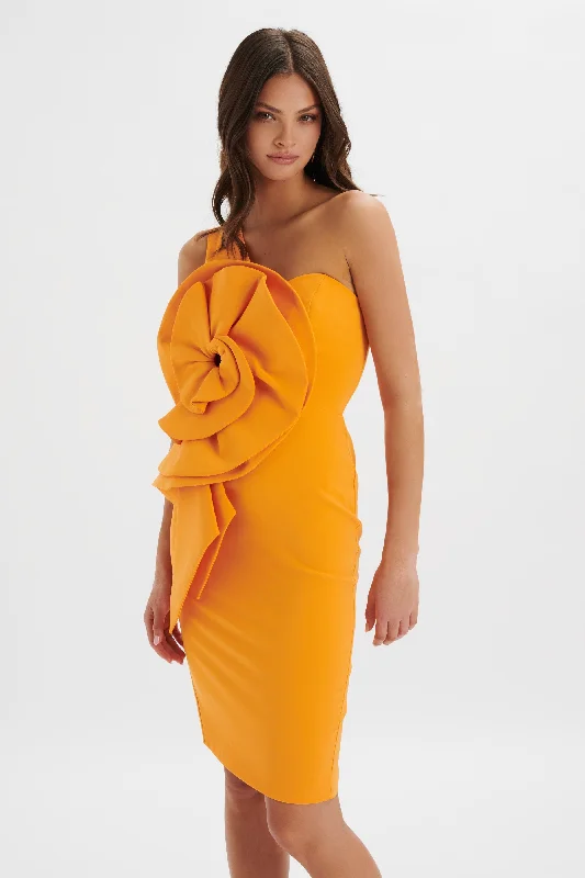 casual evening dressNOLA 3D Statement Ruffle Midi Dress In Papaya