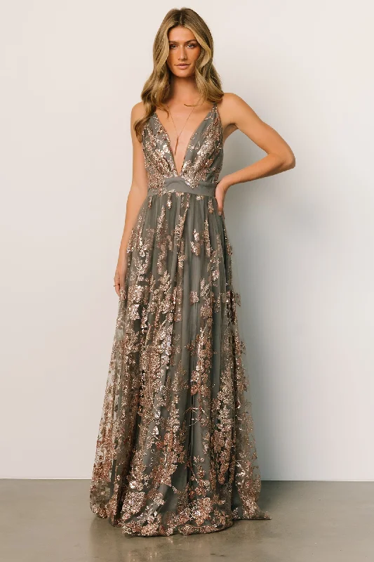 elegant maxi dressLucienne Shimmer Maxi Gown | Eucalyptus + Rose