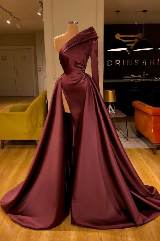 Can't Miss Fabulous Cabernet One Shoulder Long Sleeves Prom Dress Split With Overskirt,DS4679 Can't Miss Fabulous Cabernet One Shoulder Long Sleeves Prom Dress Split With Overskirt,DS4679