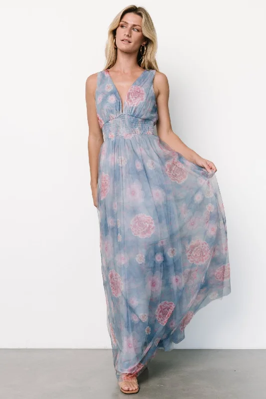 fitted cocktail dressKamila Tulle Maxi Dress | Light Blue + Pink Floral