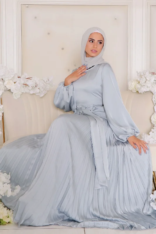 Price Reduction Athena Pleat Satin Dress- Sky Blue