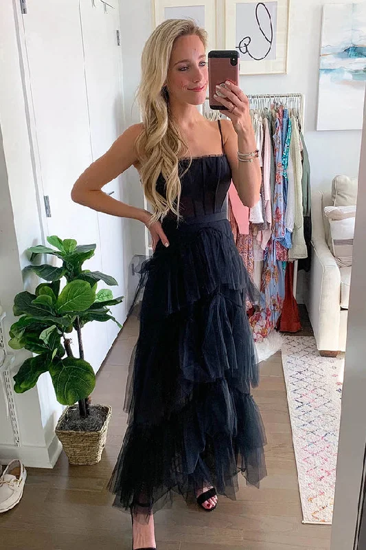 Early Bird Discount Black A Line Spaghetti Straps Tulle Long Prom Dress With Ruffles ,DS4563