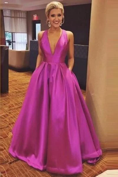 velvet dressGorgeous A Line Hot Pink Long with Ribbon Back Satin Deep V Neck Prom Dress,DP0178