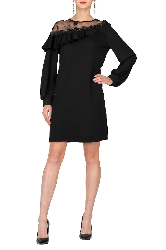Lowest Prices SCANDINAVIA-Long Sleeve Ruffle Accent Patchwork Shift Dress