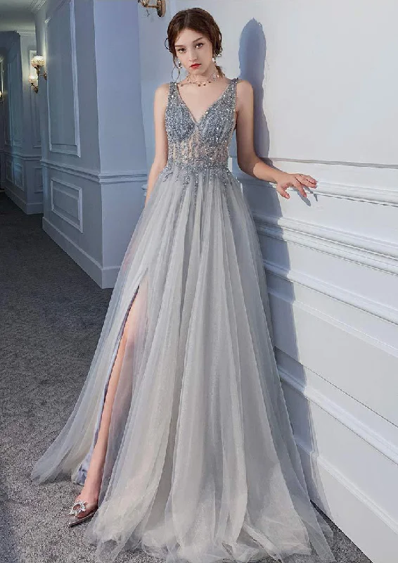Last Chance Tess Double V-neck Patchwork Slit Tulle Maxi Dress