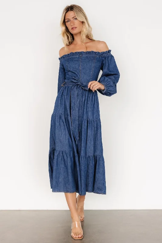 trendy wrap dressLewiston Off Shoulder Dress | Denim Blue