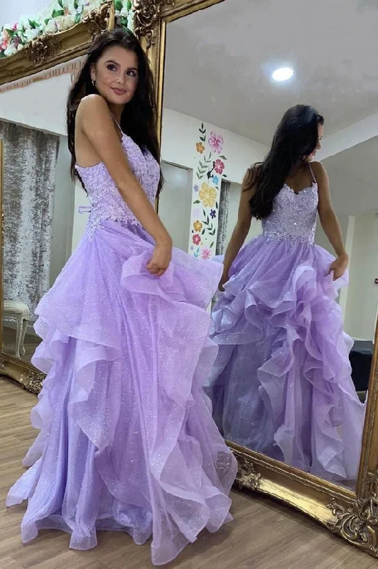 Value Deals Purple tulle lace long prom dress A line evening gown ,DS4511