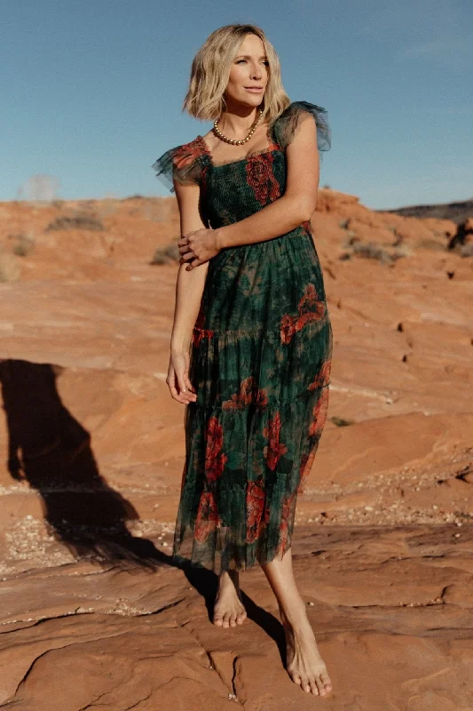 layered dressClementine Tulle Midi Dress | Dark Green Floral