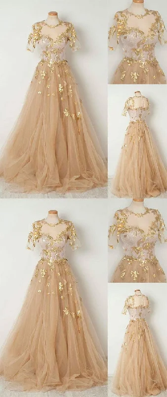 Markdown Madness Champagne tulle long prom dress, evening dresses,DS4115