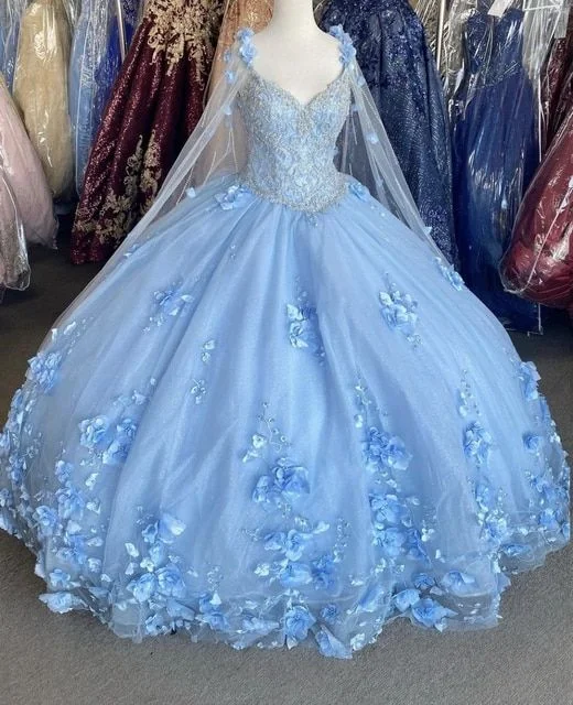 Shop and Save Blue flowers tulle ball gown , chic prom dress,DS4384