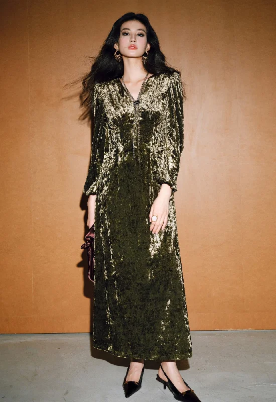 Exclusive Offers V Neck Velvet Elegant Long Sleeve Dress
