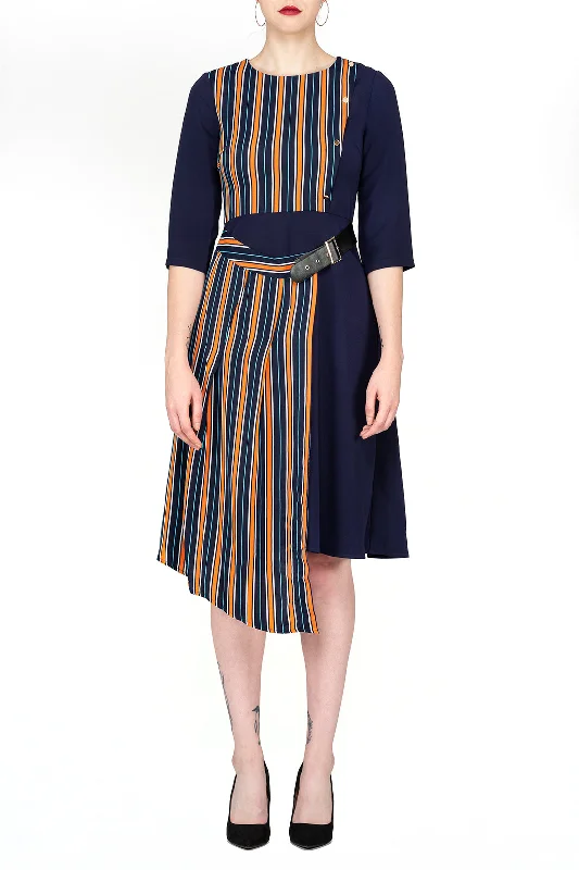 Hurry In TWO PEARS-Three Quarter Sleeve Belted Contrast Midi Dress