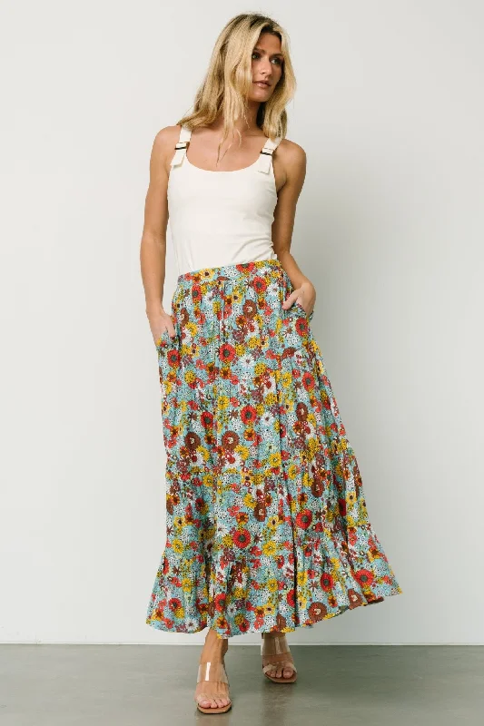 Act Now Reilly Maxi Skirt | Teal Flower Print