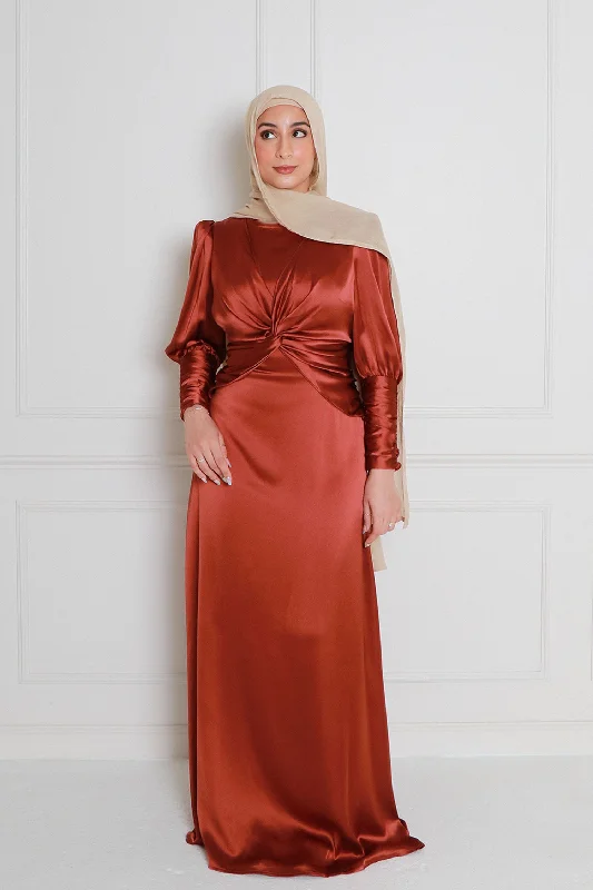 Massive Deals Olivia Wrap Satin Dress- Burnt Orange