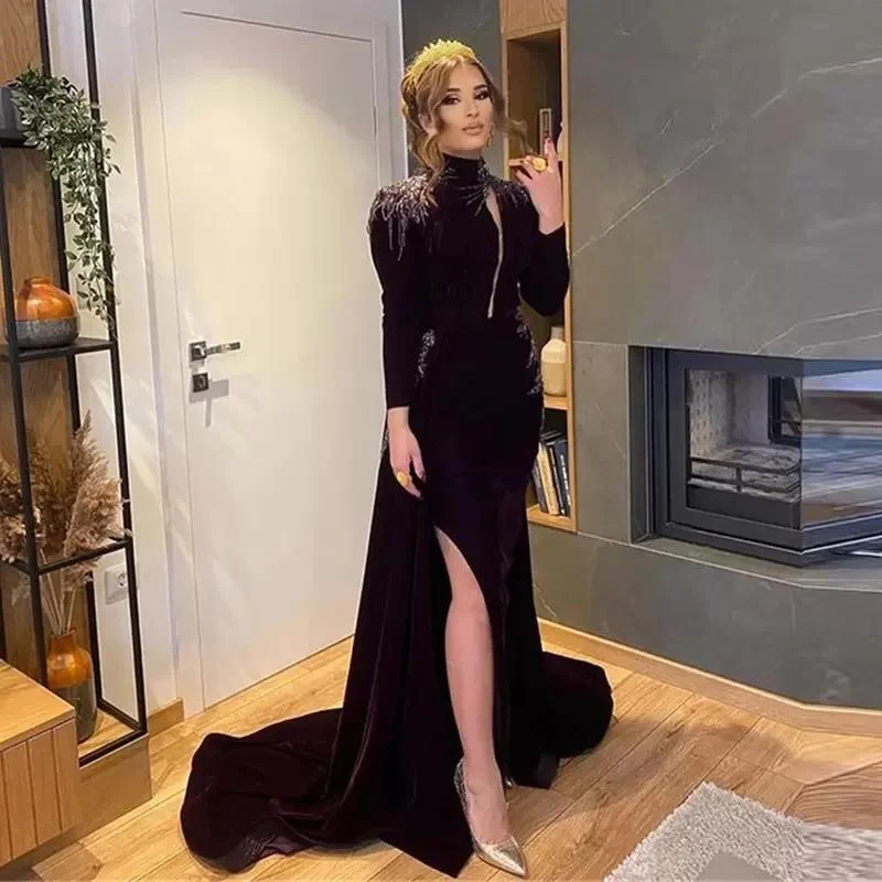 Price Break High Collar Sexy Keyhole Neckline Evening Dresses Mermaid Side Split Long Sleeves Prom Party Women Wear Applique Vestidos,LW044