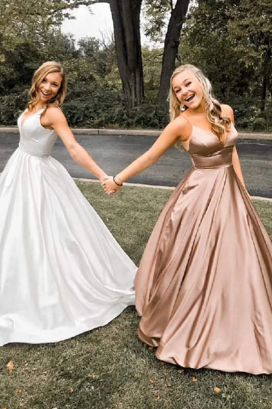 Blowout Sale SIMPLE V NECK SATIN LONG PROM DRESS, EVENING DRESS,DS4114