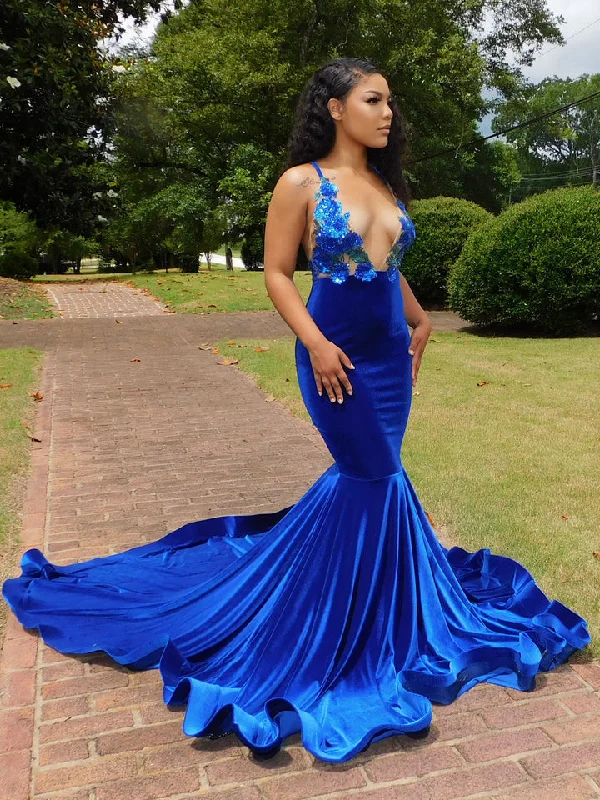 Super Bargain Charming Blue Spaghetti Straps V-neck Transparent lace Column Mermaid Prom Dresses,F04786