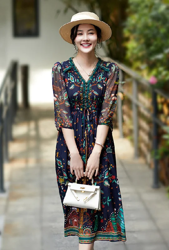 Bonus Savings Elegant Floral Pattern 3/4 Sleeve V-Neck Midi Silk Dress