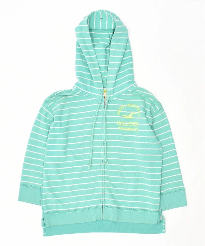 zip-up hooded sweatshirtHOLLISTER Womens Zip Hoodie Sweater UK 6 XS Green Striped Cotton